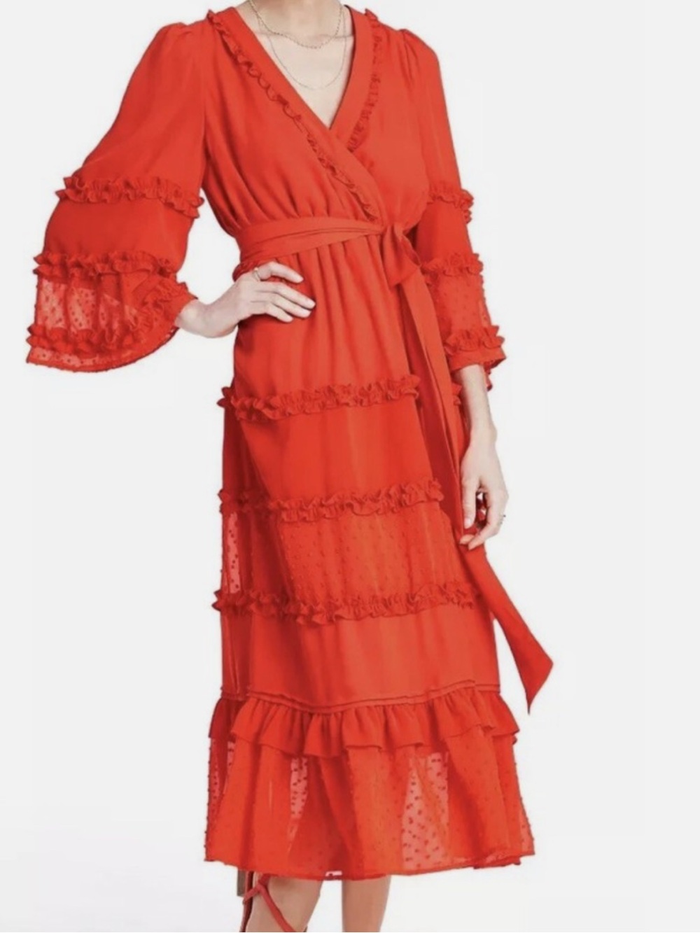 Alexis Red Ruffle-Tier Wrap Midi Dress